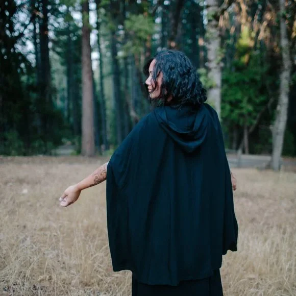 Hooded cape w/ unique "Protection Spell" reversible custom witch print - Picture 12 of 14